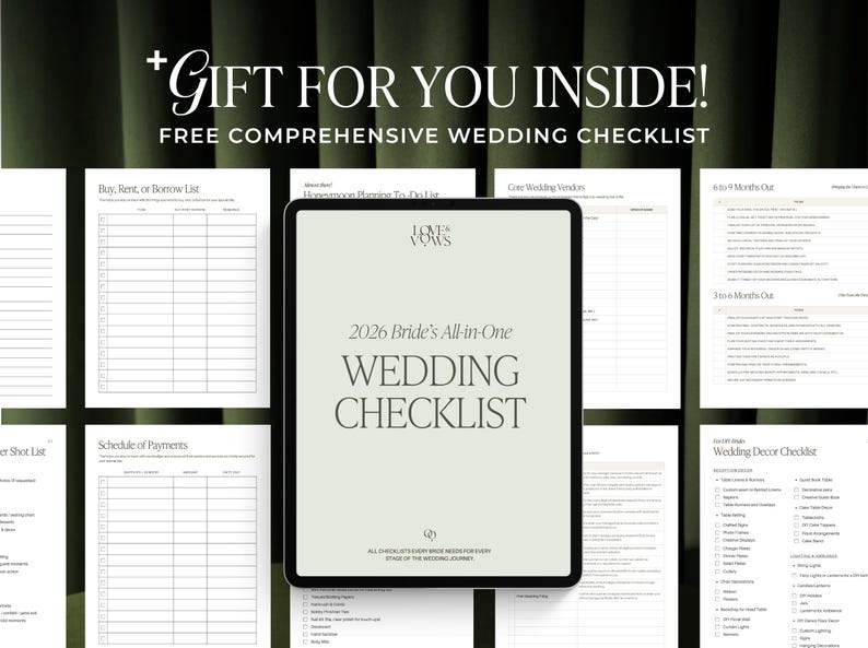 May include: A digital tablet displays a 2026 Bride's All-in-One Wedding Checklist with the text GIFT FOR YOU INSIDE! FREE COMPREHENSIVE WEDDING CHECKLIST above it. Multiple pages of the checklist are visible in the background, featuring various tables and lists for wedding planning tasks.