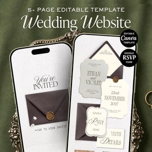 May include: A 5-page editable wedding website template displayed on two smartphones. The screens show invitation text, RSVP forms, and event details with dark envelopes and wax seals. The text includes "You're Invited," "Ethan and Violet," and "22nd November 2027."