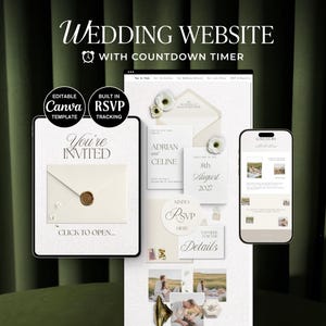 May include: A digital wedding website template featuring a countdown timer, RSVP tracking, and editable Canva design. The interface displays invitation cards, envelopes with wax seals, and photo placeholders with text reading You're Invited and RSVP.