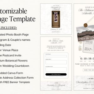 May include: A customizable 3-page digital wedding invitation template featuring an animated photo booth page, a postcard invite, and a built-in countdown. The design includes text fields for names, dates, venue details, and an embedded address collection form.