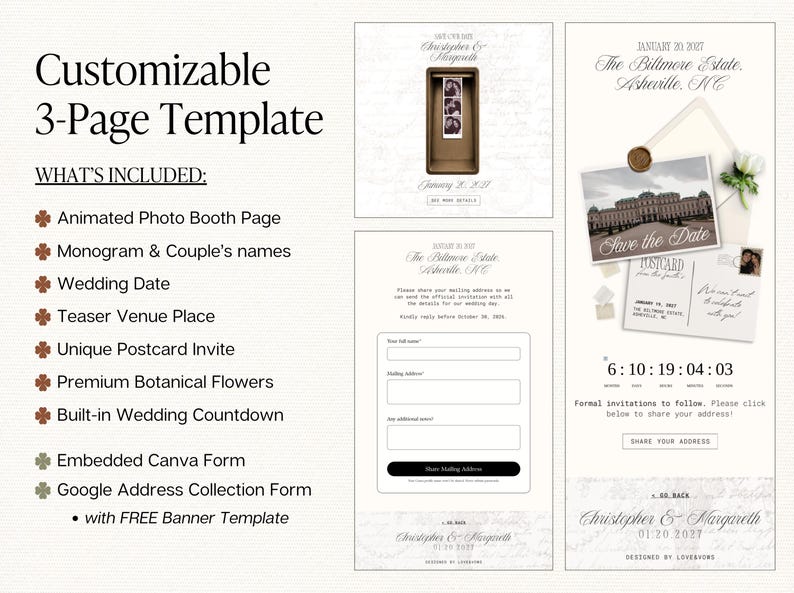 May include: A customizable 3-page digital wedding invitation template featuring an animated photo booth page, a postcard invite, and a built-in countdown. The design includes text fields for names, dates, venue details, and an embedded address collection form.