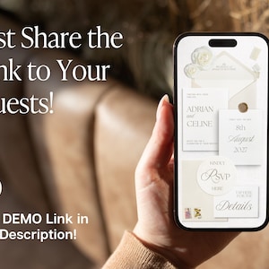 May include: A smartphone screen displaying a digital wedding invitation suite with cream-coloured envelopes, white cards featuring the text Adrian and Celine, 8th August 2027, RSVP, and Details, alongside white floral accents on a light background.