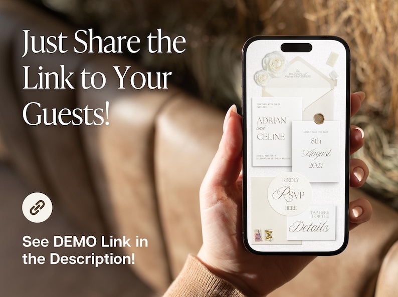 May include: A smartphone screen displaying a digital wedding invitation suite with cream-coloured envelopes, white cards featuring the text Adrian and Celine, 8th August 2027, RSVP, and Details, alongside white floral accents on a light background.