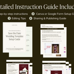 May include: A digital instruction guide for a wedding template featuring the text Detailed Instruction Guide Included, Step-by-step instructions, Canva or Google Form Setup Guide, Editing Tips, and Sharing & Publishing Guide with page previews.