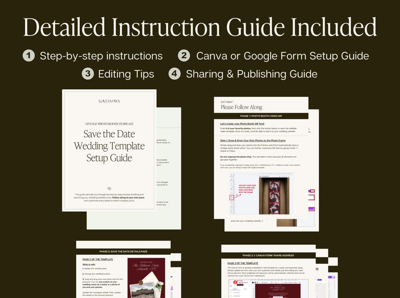 May include: A digital instruction guide for a wedding template featuring the text Detailed Instruction Guide Included, Step-by-step instructions, Canva or Google Form Setup Guide, Editing Tips, and Sharing & Publishing Guide with page previews.