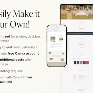 May include: A digital wedding website template displayed on a smartphone and a laptop screen. The text reads Easily Make it Your Own, Optimized for mobile, desktop, and tablet, Easy to edit and customise, Use with free Canva account, No additional costs after purchase, No coding required, and Publish with Canva's free domain link.