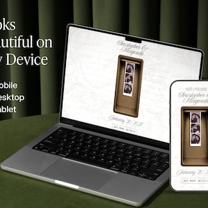 May include: A laptop and a smartphone displaying a digital save the date invitation with the text Christopher & Margareth, January 20, 2027, and a photo booth strip. The screen also shows the text Looks Beautiful on Any Device, Mobile, Desktop, Tablet.