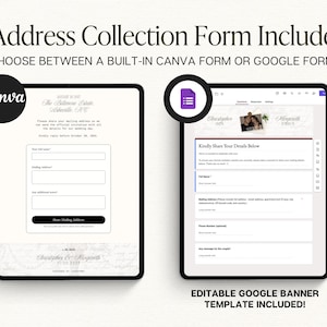 May include: Two digital address collection forms displayed on tablets. The left form is a Canva template with fields for name and address. The right form is a Google Form with a custom banner featuring a couple's photo and names, Christopher and Marguerith.