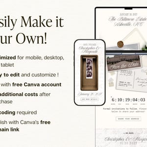 May include: A digital wedding invitation template displayed on a laptop and smartphone screen. The design features elegant script text, a photo booth strip, and a countdown timer. The text reads Easily Make it Your Own, Christopher & Margareth, and Save the Date. The layout includes a postcard graphic, a wax seal, and a white rose.