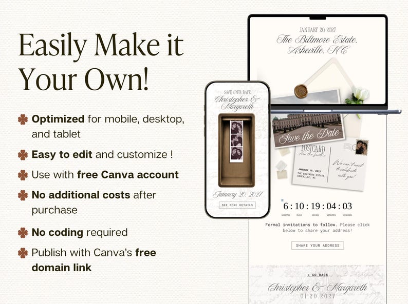 May include: A digital wedding invitation template displayed on a laptop and smartphone screen. The design features elegant script text, a photo booth strip, and a countdown timer. The text reads Easily Make it Your Own, Christopher & Margareth, and Save the Date. The layout includes a postcard graphic, a wax seal, and a white rose.