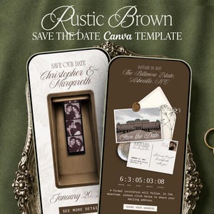 May include: Two smartphone screens displaying a Rustic Brown Save the Date Canva template. The designs feature elegant typography, a photo booth strip, a vintage postcard graphic, and the text Christopher & Margareth, January 20, 2027.