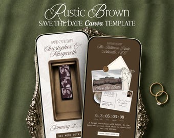 Brown Save the Date Website Template Canva Vintage Photobooth Postcard Wedding Website Digital Invitation with Guest Address Form