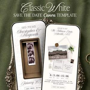Ivory White Save the Date Website Template Canva Vintage Photobooth Postcard Wedding Website Digital Invitation with Guest Address Form