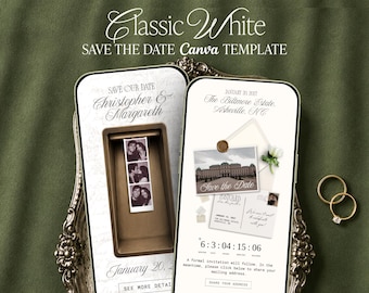 Ivory White Save the Date Website Template Canva Vintage Photobooth Postcard Wedding Website Digital Invitation with Guest Address Form