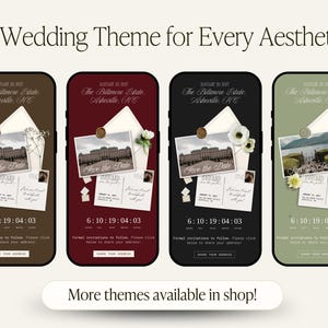 May include: Four smartphone screens display wedding save-the-date templates in brown, burgundy, black, and sage green. Each screen features a photo of the Biltmore Estate, a postcard, a wax seal, floral accents, and a countdown timer with the text "Share your address."