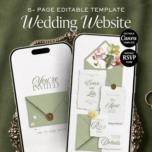 Puede incluir: Dos teléfonos inteligentes que muestran una plantilla de sitio web de bodas editable de 5 páginas. Las pantallas muestran sobres de color verde salvia, ilustraciones florales y texto que incluye You're INVITED, Evan and Lila, 5th April 2027 y RSVP.