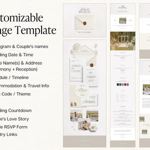 May include: A customisable 5-page wedding website template featuring a neutral colour palette. The layout includes sections for couple names, wedding date, venue details, schedule, travel info, dress code, FAQs, countdown, love story, RSVP, and registry.