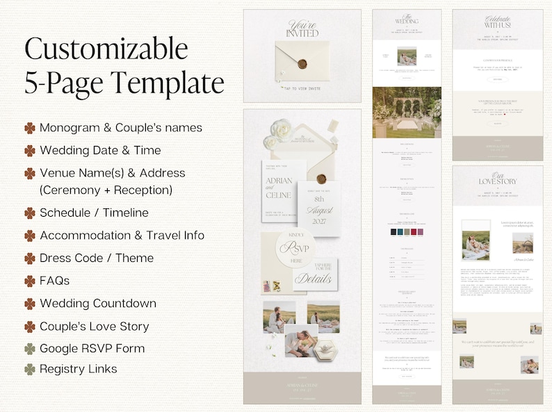 May include: A customisable 5-page wedding website template featuring a neutral colour palette. The layout includes sections for couple names, wedding date, venue details, schedule, travel info, dress code, FAQs, countdown, love story, RSVP, and registry.