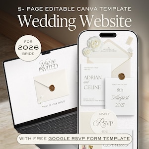 White & Gold Wedding Website Template | Classic Canva Invitation with RSVP + Registry (Digital Download)