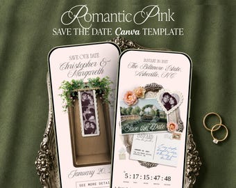 Pink Floral Photo Booth Save the Date Wedding Website Template Canva Vintage Lace with Countdown