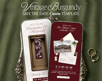 Burgundy Save the Date Website Template Canva Vintage Photobooth Postcard Wedding Website Digital Invitation with Guest Address Form