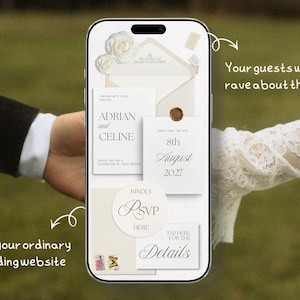 May include: A smartphone screen displaying a digital wedding invitation suite with cream-coloured cards, white floral accents, and a wax seal. The text includes "Adrian and Celine," "8th August 2027," "Kindly RSVP Here," and "Tap Here for the Details."