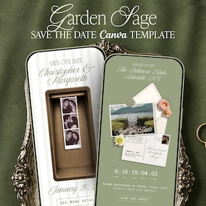 May include: A digital Save the Date Canva template featuring two smartphone screens displaying wedding invitation designs in sage green and white, with text reading Garden Sage, Save the Date, and Christopher & Margareth, alongside two gold rings.