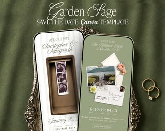 Sage Green Save the Date Website Template Canva Vintage Photobooth Postcard Wedding Website Digital Invitation with Guest Address Form