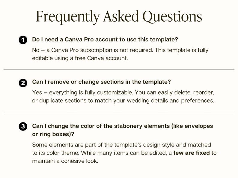 May include: A Frequently Asked Questions document for a digital template. It lists three numbered questions regarding Canva Pro requirements, section customisation, and the ability to change colours of stationery elements like envelopes or ring boxes.