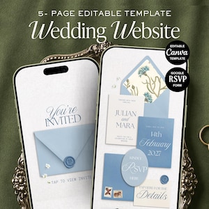 May include: Two smartphones displaying a 5-page editable wedding website template. The screens show light blue envelopes, wax seals, and text including You're Invited, Julian and Mara, 14th February 2027, RSVP, and Details. Two gold rings sit nearby.