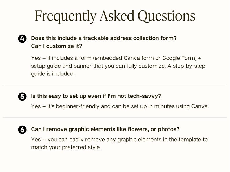 May include: A Frequently Asked Questions document featuring three numbered points. Point 4 addresses address collection forms and customization. Point 5 discusses ease of setup for beginners. Point 6 explains the removal of graphic elements like flowers or photos.
