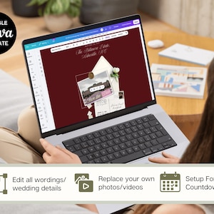 May include: A laptop screen displaying an editable Canva template for a wedding invitation. The design features a deep burgundy background, a cream-colored envelope, a wax seal, and a photograph of a building with the text Save the Date.
