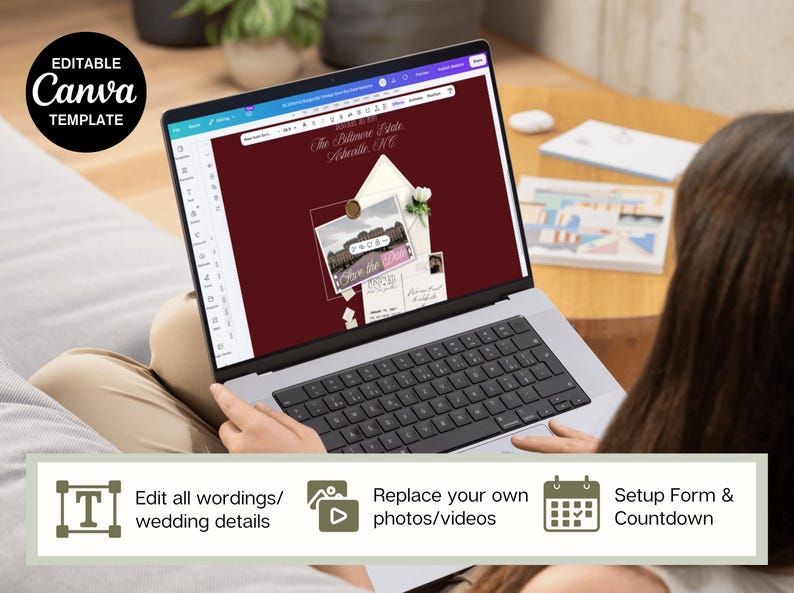 May include: A laptop screen displaying an editable Canva template for a wedding invitation. The design features a deep burgundy background, a cream-colored envelope, a wax seal, and a photograph of a building with the text Save the Date.