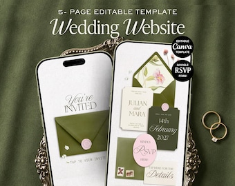 Pink Green Wedding Website Template Invitation with RSVP Registry Editable Canva Design (Digital Download)