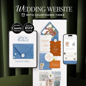 以下が含まれることがあります： カウントダウンタイマー付きのデジタル結婚式ウェブサイトテンプレート。編集可能なCanvaデザイン、組み込みのRSVP追跡機能、モバイル対応レイアウトを備えています。画面には青い封筒、LucasとAvaの名前が入った招待状、2027年6月19日の日付が表示されています。