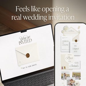 May include: A laptop and a smartphone displaying a digital wedding invitation suite. The screen text reads "Feels like opening a real wedding invitation," "You're INVITED," "TAP TO VIEW INVITE," "ADRIAN AND CELINE," "8th August 2027," "RSVP," and "Details."