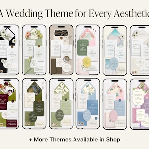 May include: Twelve smartphones display various wedding invitation suites featuring envelopes, RSVP cards, and detail cards in diverse colour palettes and floral designs. The text A Wedding Theme for Every Aesthetic and + More Themes Available in Shop is visible.