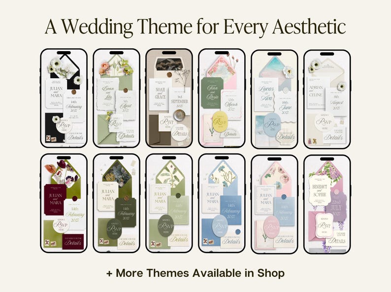 May include: Twelve smartphones display various wedding invitation suites featuring envelopes, RSVP cards, and detail cards in diverse colour palettes and floral designs. The text A Wedding Theme for Every Aesthetic and + More Themes Available in Shop is visible.