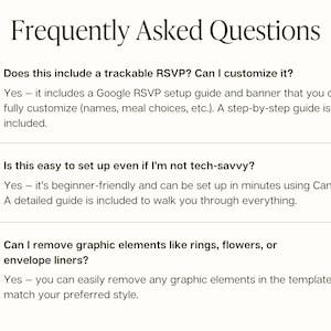 May include: A Frequently Asked Questions section featuring three numbered points. Point 4 addresses trackable RSVP customisation. Point 5 discusses ease of setup for non-tech-savvy users via Canva. Point 6 explains the removal of graphic elements like rings, flowers, or envelope liners.