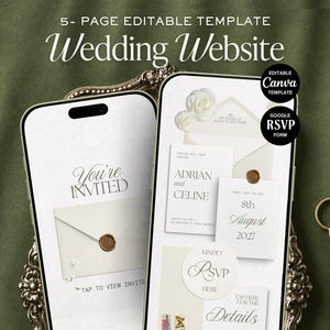 Può includere: Un modello di sito web per matrimoni modificabile di 5 pagine visualizzato su due smartphone. Gli schermi mostrano inviti con testo come You're Invited, Adrian and Celine, 8th August 2027 e RSVP. Include icone Canva e Google RSVP.