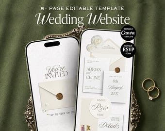 White & Gold Wedding Website Template | Classic Canva Invitation with RSVP + Registry (Digital Download)