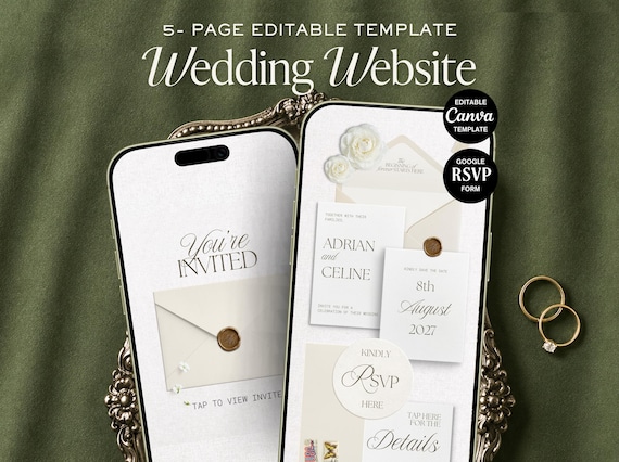White & Gold Wedding Website Template | Classic Canva Invitation with RSVP + Registry (Digital Download)