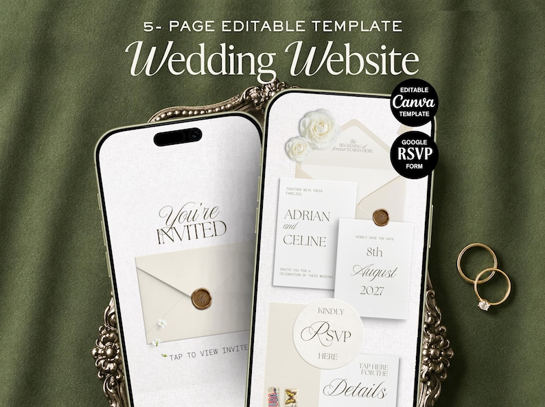 May include: A 5-page editable wedding website template displayed on two smartphones. The screens show invitation designs with text including You're Invited, Adrian and Celine, 8th August 2027, and RSVP. Features include Canva and Google RSVP icons.