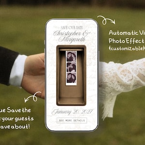 May include: A digital save the date invitation displayed on a smartphone screen featuring the text Save Our Date, Christopher & Margareth, and January 20, 2027. The design includes a central vertical photo strip showing three black and white portraits.