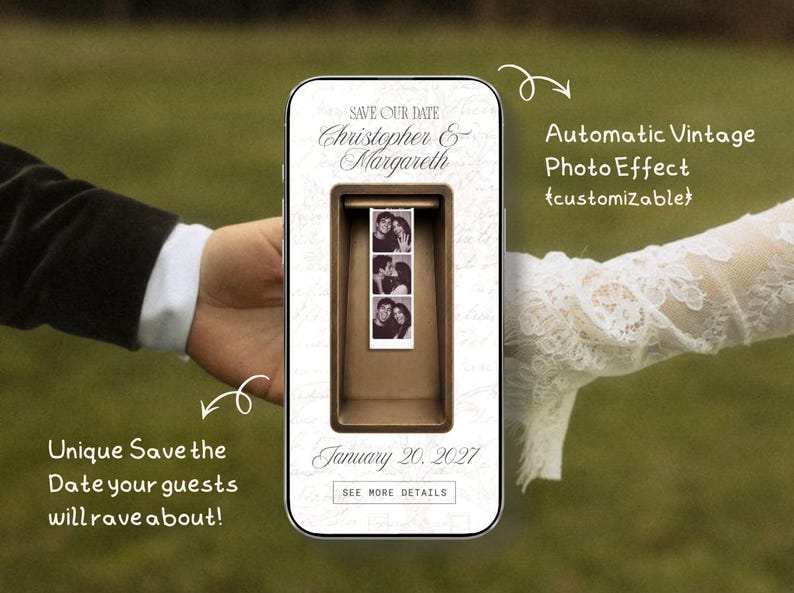 May include: A digital save the date invitation displayed on a smartphone screen featuring the text Save Our Date, Christopher & Margareth, and January 20, 2027. The design includes a central vertical photo strip showing three black and white portraits.