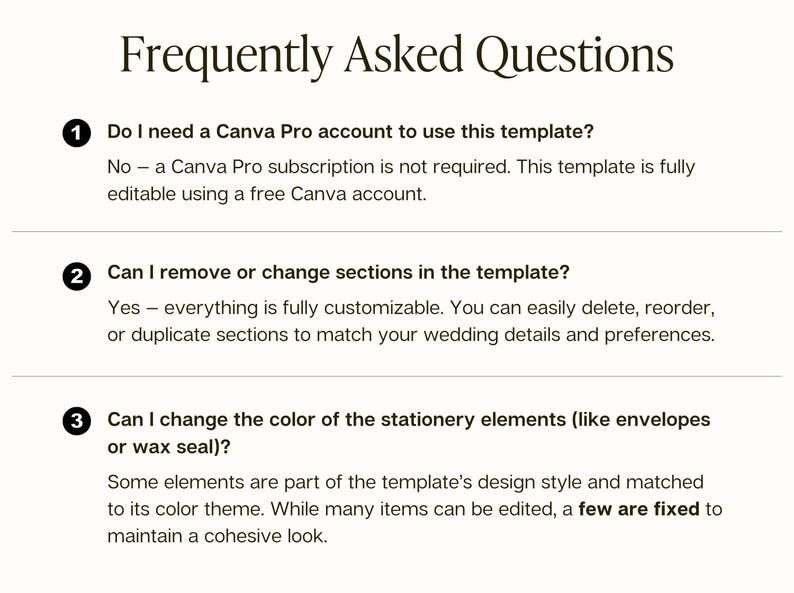May include: A digital document titled Frequently Asked Questions with three numbered points. It addresses Canva Pro requirements, the ability to remove or change sections, and the editability of stationery element colors in the template.