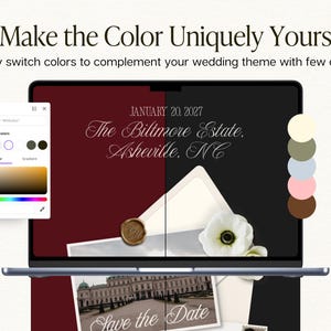 May include: A laptop screen displays a digital wedding invitation editor with the text Make the Color Uniquely Yours and Easily switch colors to complement your wedding theme with few clicks. The screen shows a split-color background, a wax seal, and a photo of The Biltmore Estate, Asheville, NC, dated January 20, 2027, with a color selection menu on the left and five circular color swatches on the right.