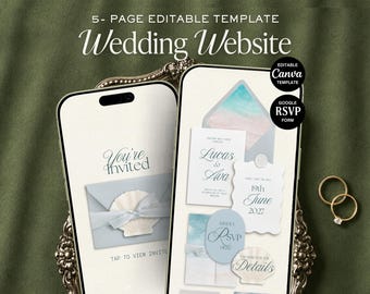 Beach Wedding Website Template | Pastel Blue Canva Invitation with RSVP + Registry (Digital Download)