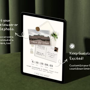 May include: A digital tablet displaying a wedding save-the-date template with a photo of a building, a postcard graphic, and a countdown timer. Text on screen includes 'Save the Date', 'POSTCARD', and 'SHARE YOUR ADDRESS' on a button.