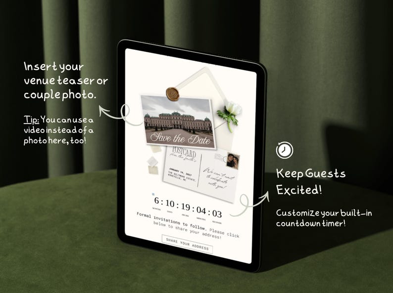 May include: A digital tablet displaying a wedding save-the-date template with a photo of a building, a postcard graphic, and a countdown timer. Text on screen includes 'Save the Date', 'POSTCARD', and 'SHARE YOUR ADDRESS' on a button.